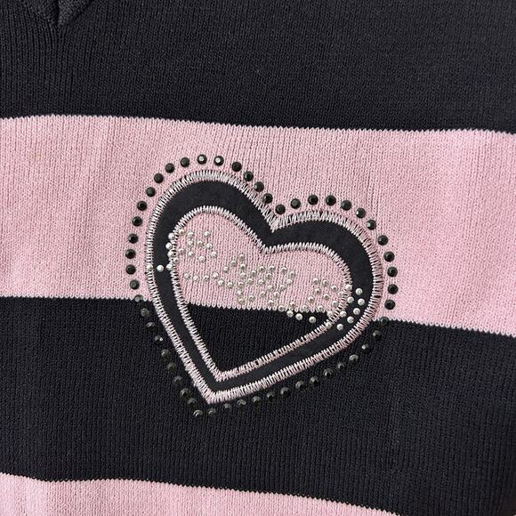 AK Anne‎ Klein Pink Striped Short Sleeve Heart Y2K Top Embellished Bling Sz S? - Picture 2 of 5